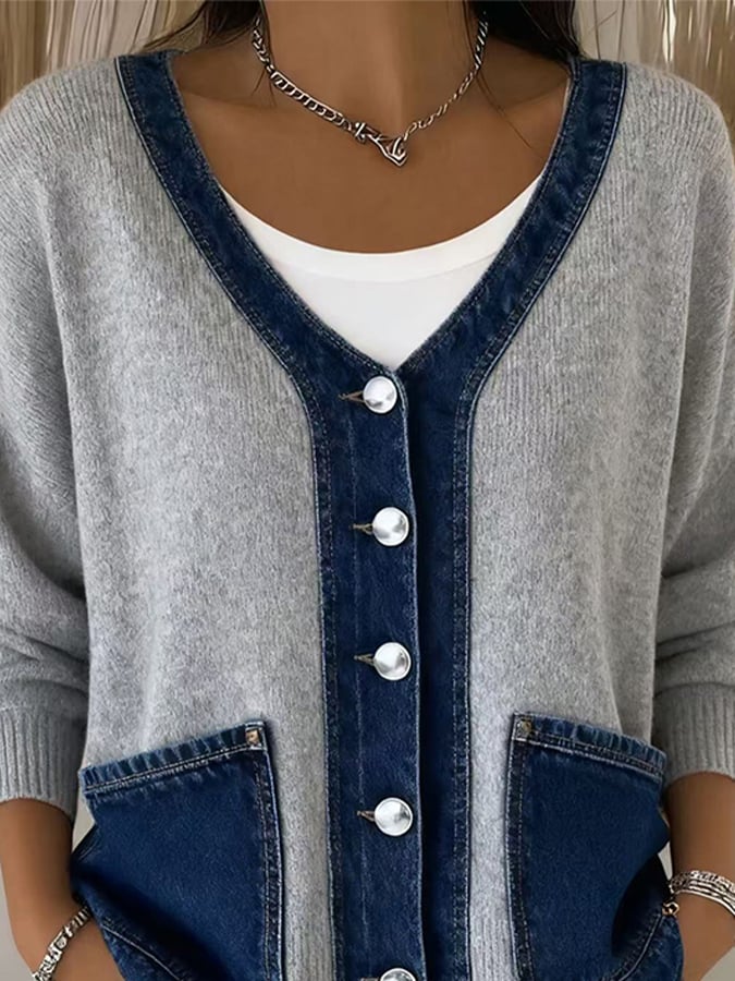 Warme Damen Strickjacke Grau mit Denim – Winter Cardigan