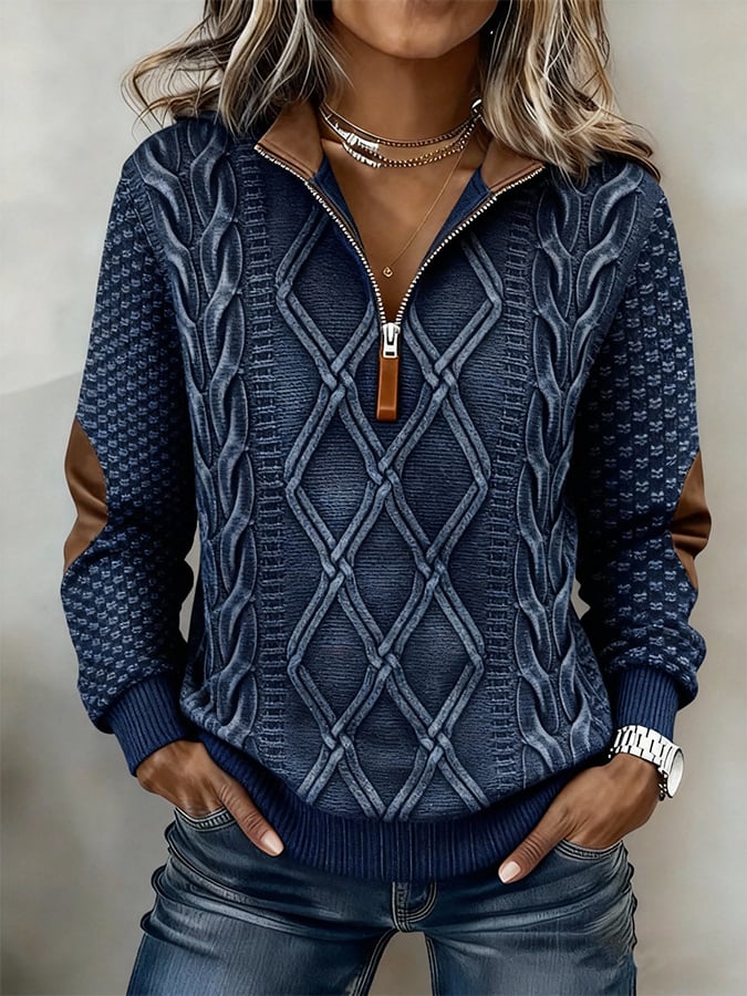 Winter Damen Half-Zip Sweatshirt warm dunkelblau cognac