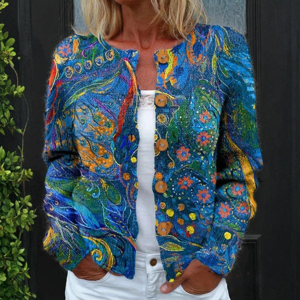 Herbst-Chic: Kragenloser Blauer Langarm-Cardigan für stylische Wärme