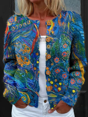 Herbst-Chic: Kragenloser Blauer Langarm-Cardigan für stylische Wärme