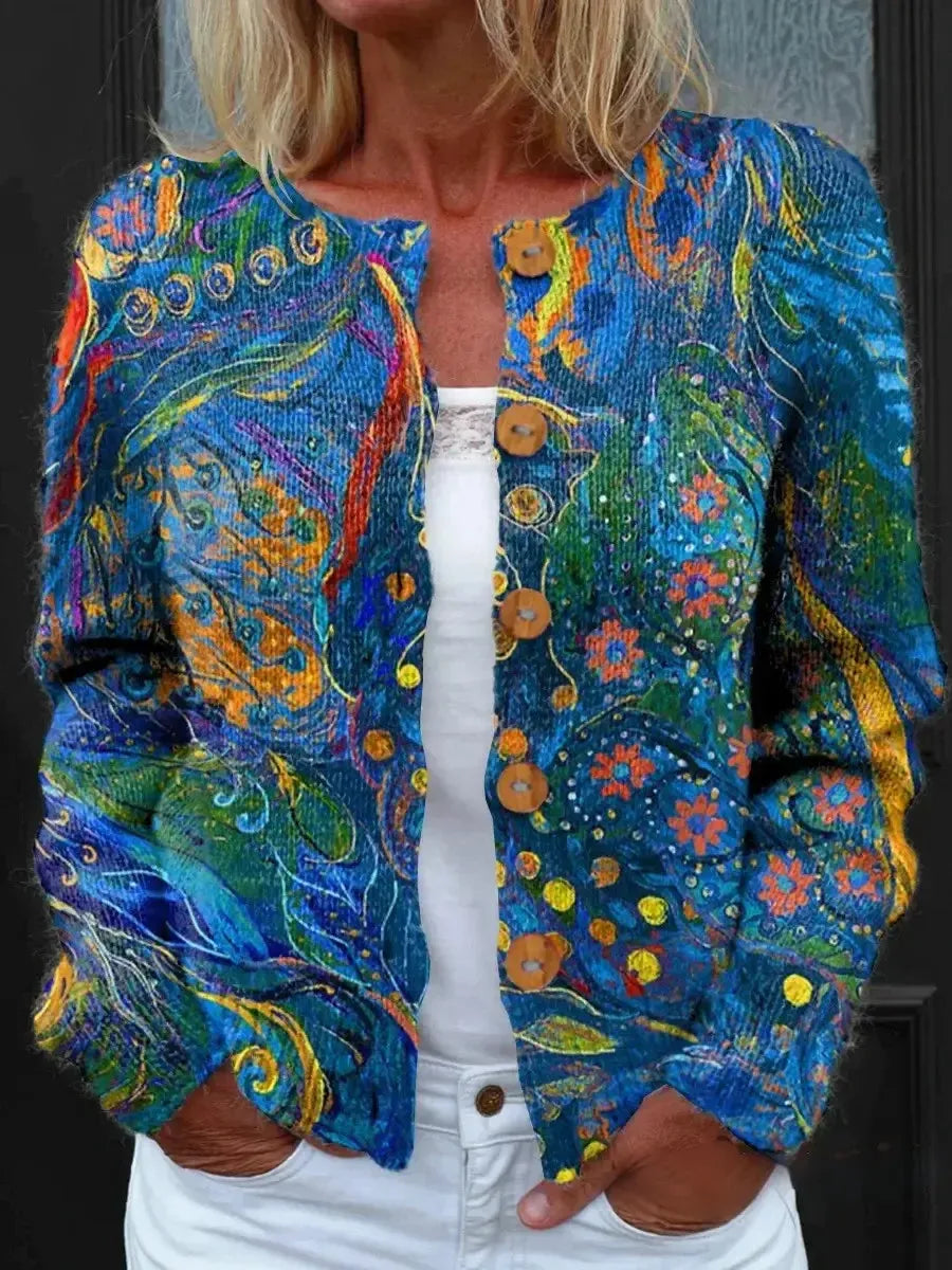 Herbst-Chic: Kragenloser Blauer Langarm-Cardigan für stylische Wärme