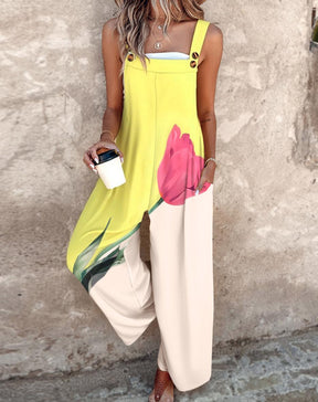 Frischer Herbsts-Style: Bright Floral Print Strap Jumpsuit - Stilvoll & Komfortabel