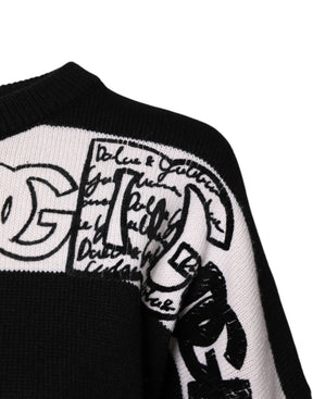 Dolce & Gabbana Schwarzer weißer Wollpullover mit Logodruck