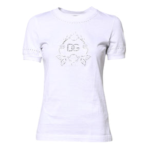 Dolce & Gabbana Weißes T-Shirt mit geblümtem Logo und Rundhalsausschnitt aus Baumwolle