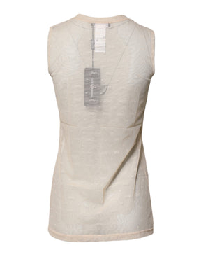 Dolce & Gabbana Elfenbeinfarbenes Nylon-Logo, ärmelloses Tank-Top