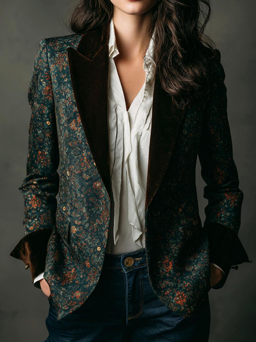 Winter Glamour: Bold Green Velvet Floral Print Blazer für stilvolle Wärme
