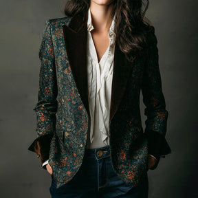 Winter Glamour: Bold Green Velvet Floral Print Blazer für stilvolle Wärme