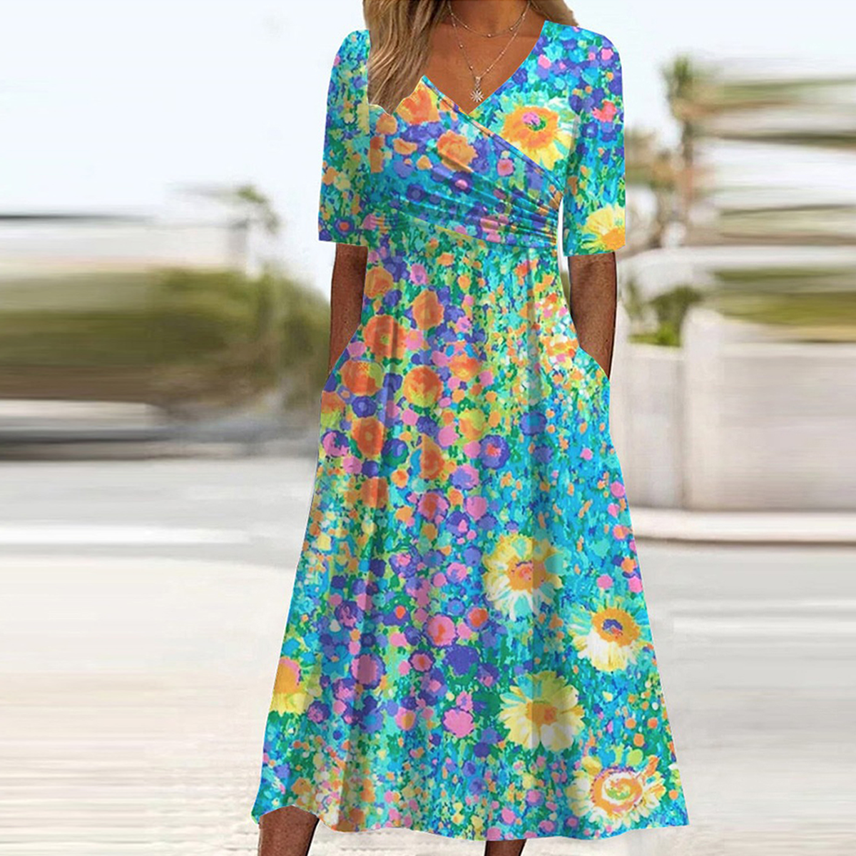 Elegantes Floral Print Midi-Kleid mit Kurzarm - Herbststrend mit Komfort