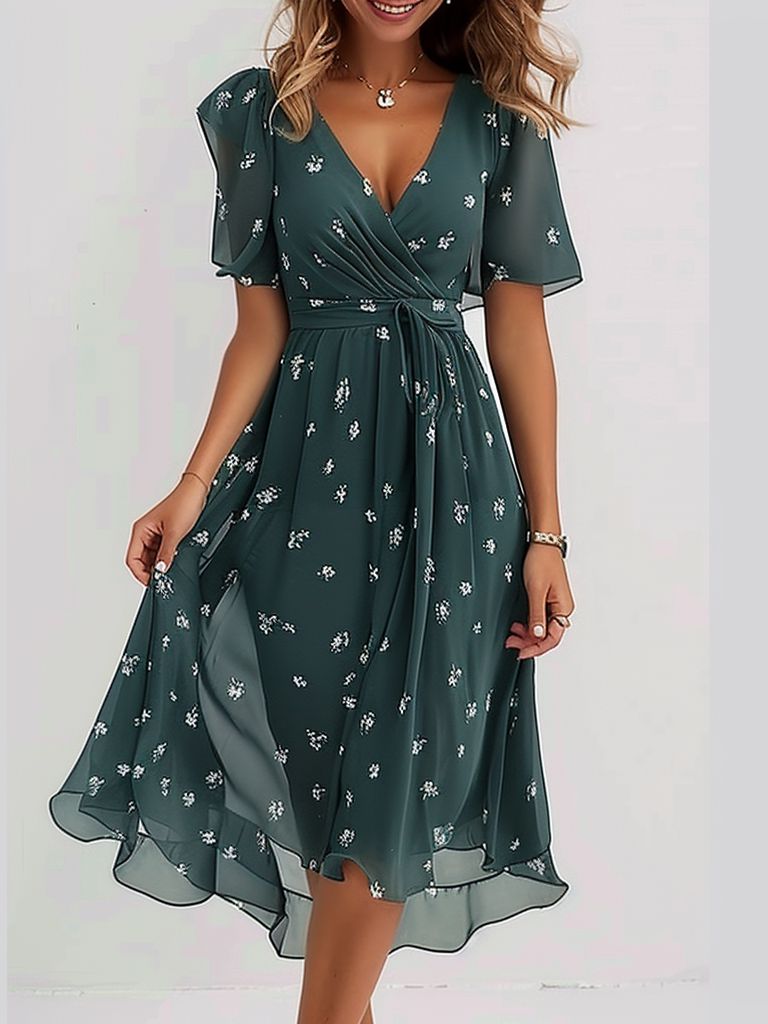 Herbsts-Charme: Groovy Kurzarm Midi-Kleid in Strahlendem Grün