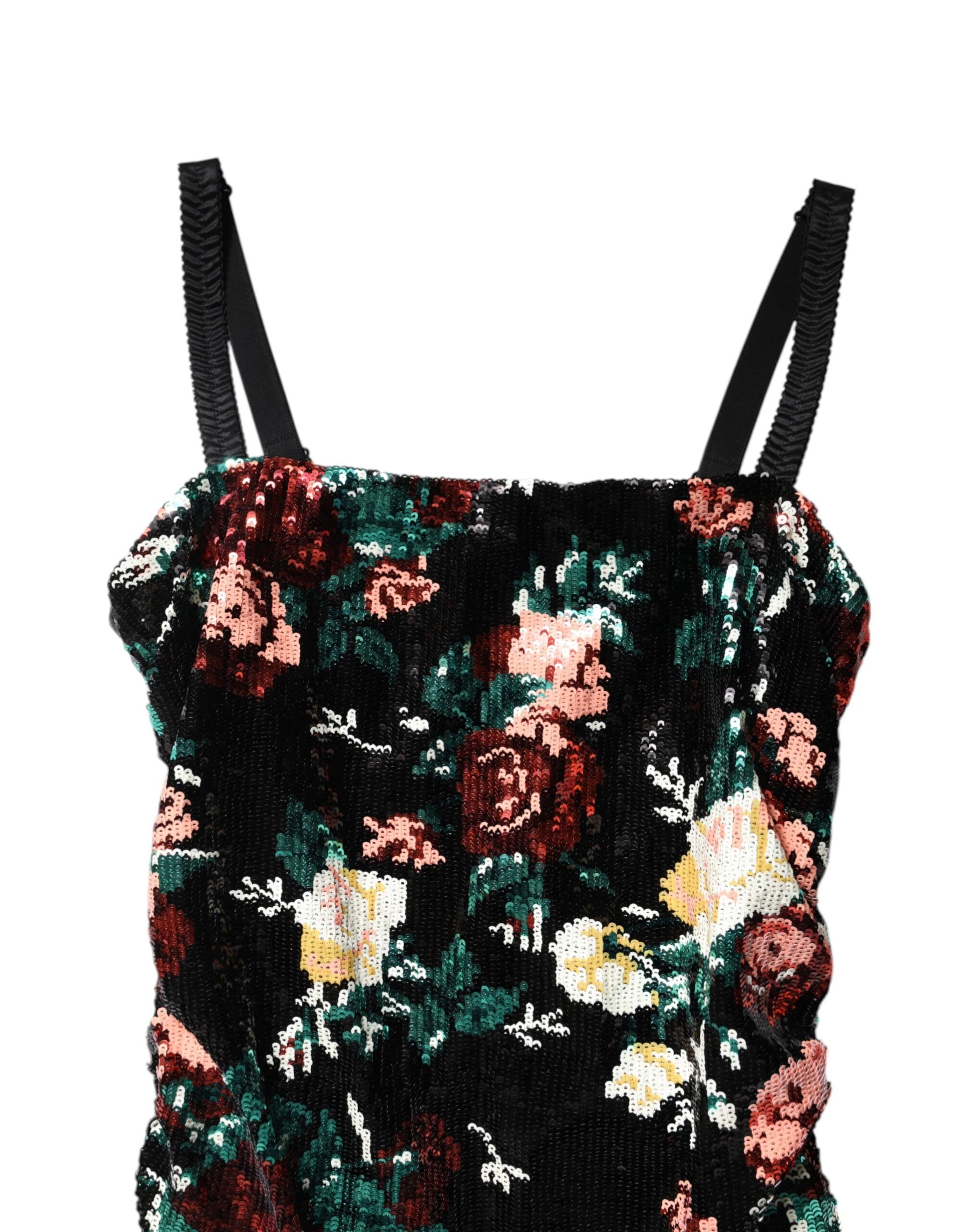 Dolce & Gabbana Schwarzes, geblümtes, ärmelloses Etuikleid mit Pailletten