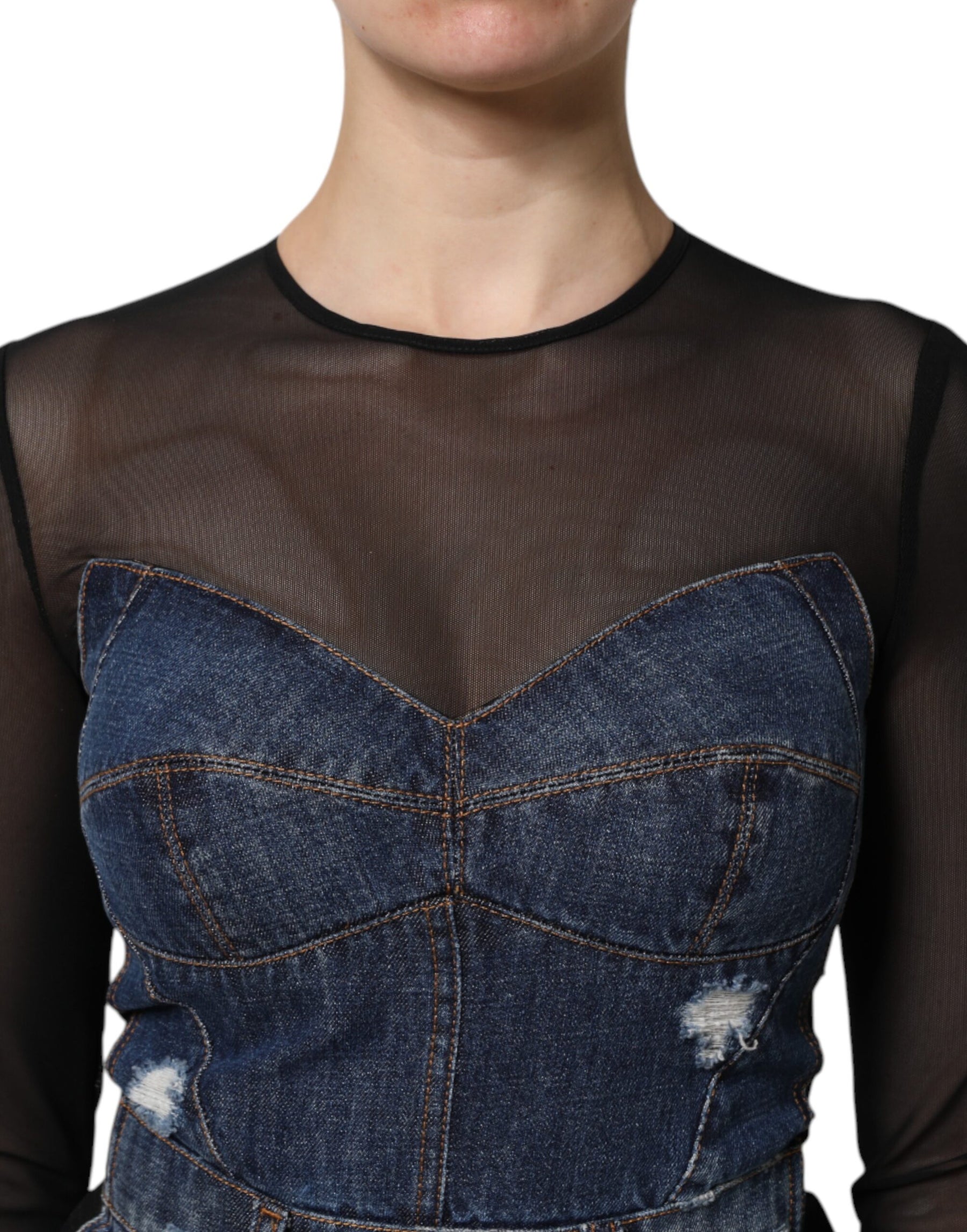 Dolce & Gabbana Schwarz-Blau Langärmeliges Denim-Minikleid
