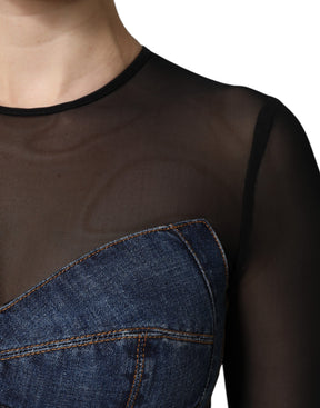 Dolce & Gabbana Schwarz-Blau Langärmeliges Denim-Minikleid
