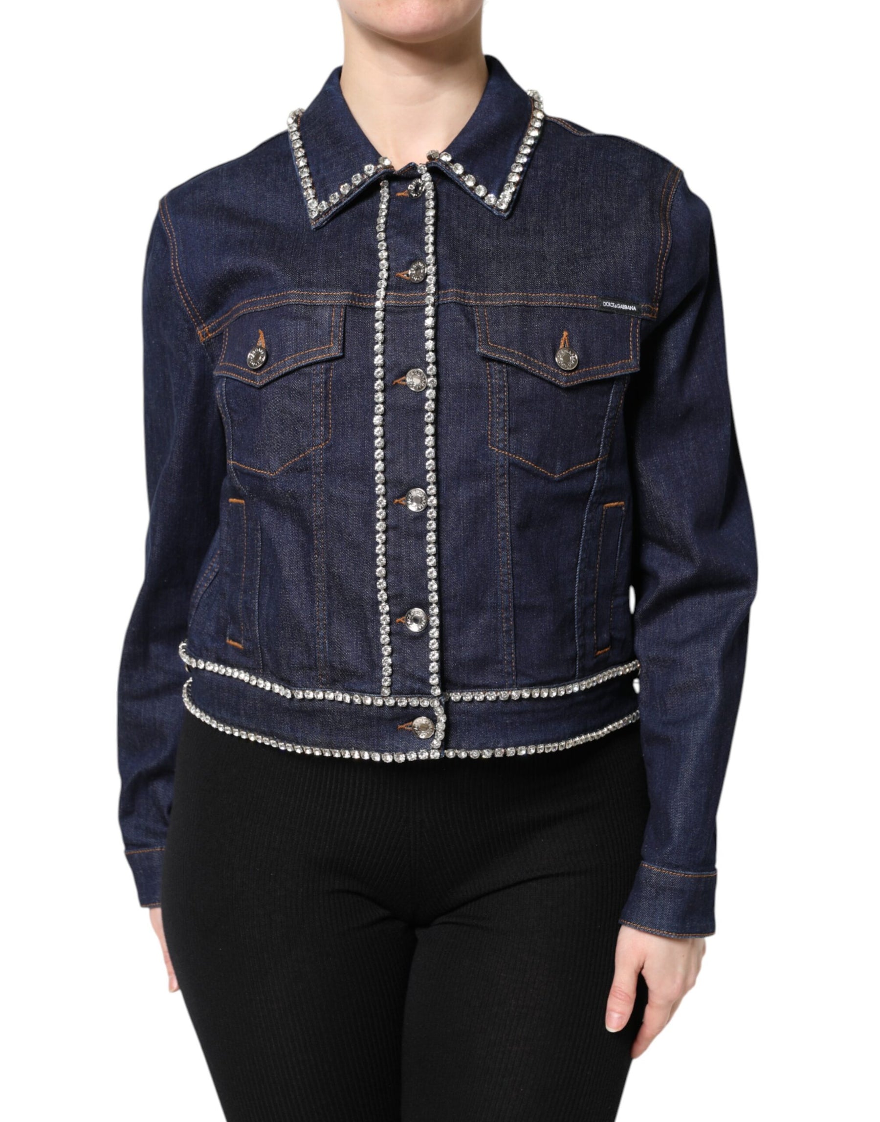 Dolce & Gabbana Blaue Denim-Baumwolljacke mit Kristallverzierung