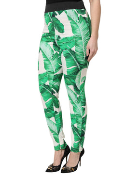 Dolce & Gabbana Weiß Grün Blatt Hohe Taille Hose