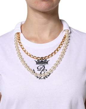 Dolce & Gabbana Weißes Ketten-Perlen-Baumwoll-T-Shirt mit Rundhalsausschnitt