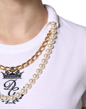 Dolce & Gabbana Weißes Ketten-Perlen-Baumwoll-T-Shirt mit Rundhalsausschnitt