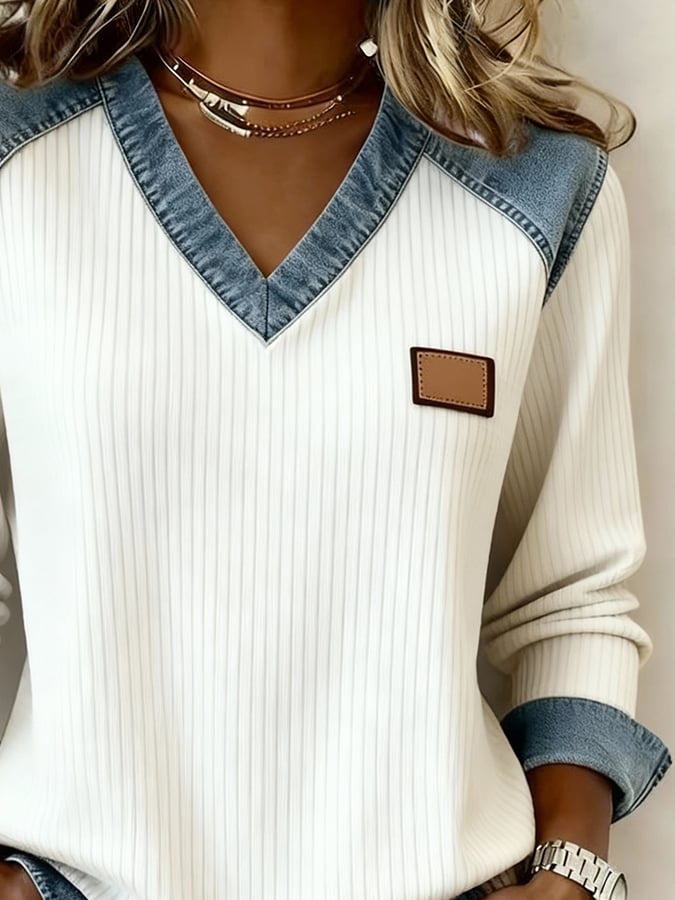 Winter Damen V-Neck Pullover mit Denim Patchwork, cremeweiß