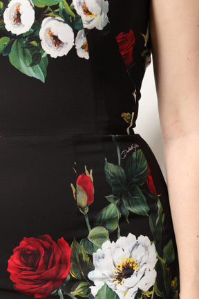 Dolce & Gabbana Schwarzes ärmelloses Etuikleid mit Blumendruck