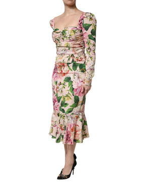 Dolce & Gabbana Rosa geblümtes Midikleid aus Seide mit ausgestelltem Rock