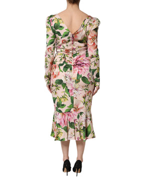 Dolce & Gabbana Rosa geblümtes Midikleid aus Seide mit ausgestelltem Rock