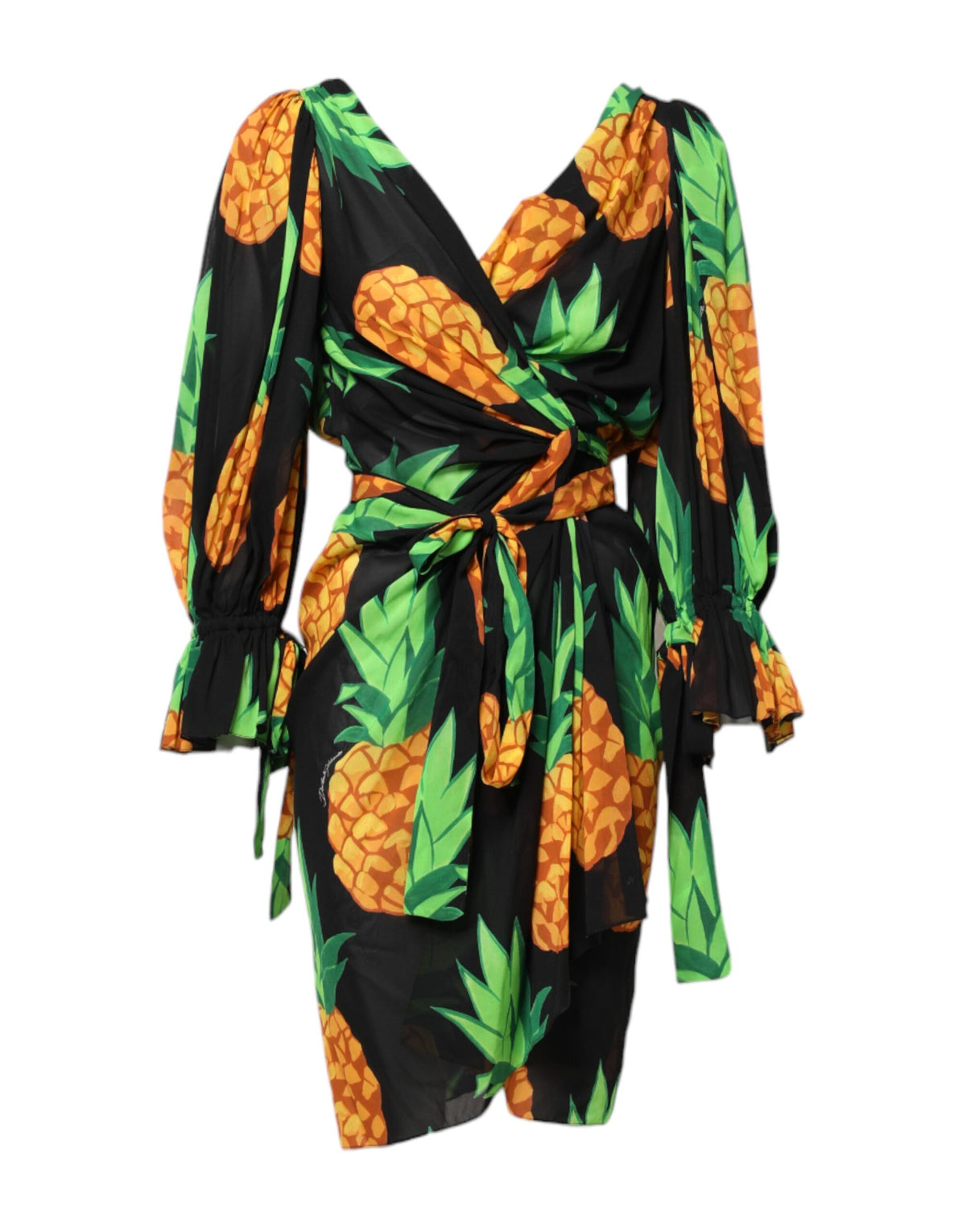Dolce & Gabbana Schwarzes Seiden-Wickelminikleid mit Ananas-Print
