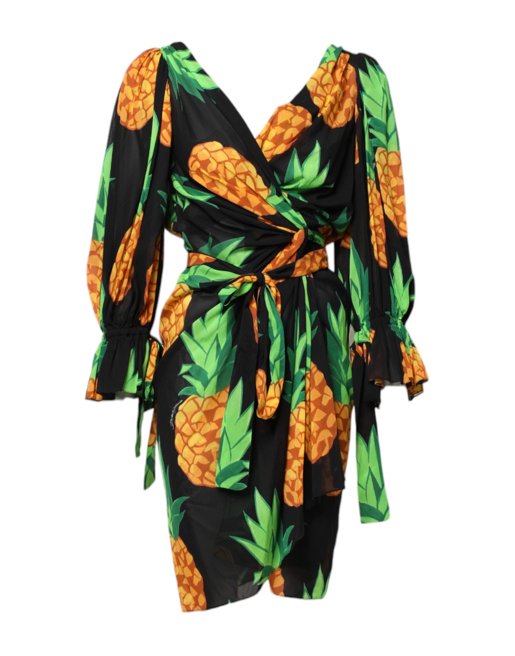 Dolce & Gabbana Schwarzes Seiden-Wickelminikleid mit Ananas-Print