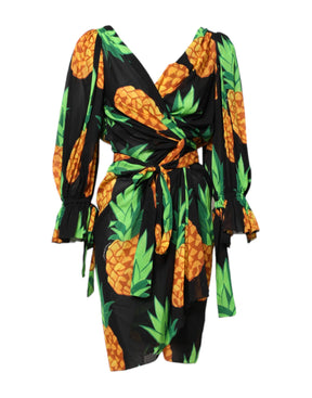 Dolce & Gabbana Schwarzes Seiden-Wickelminikleid mit Ananas-Print