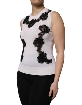 Dolce & Gabbana Weißes Kaschmir-Tanktop mit floraler Spitze