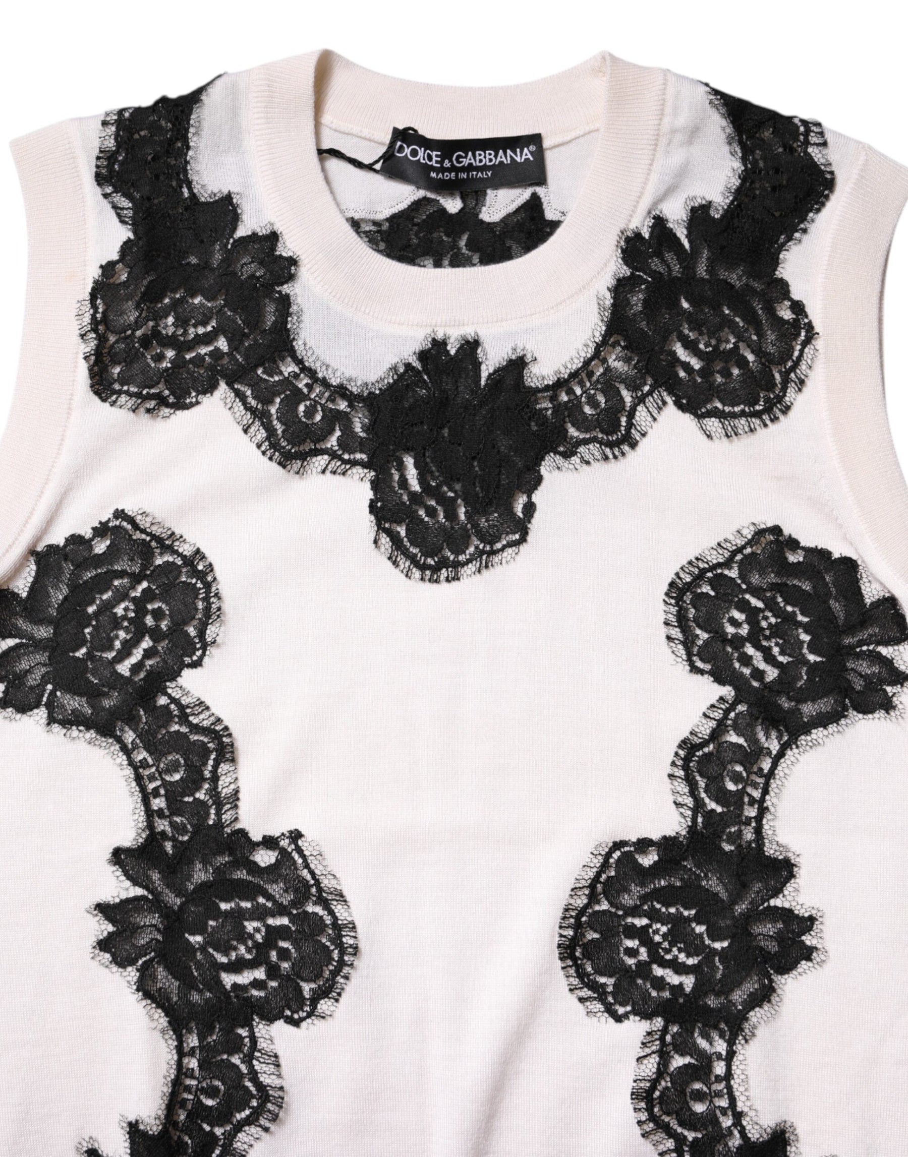 Dolce & Gabbana Weißes Kaschmir-Tanktop mit floraler Spitze