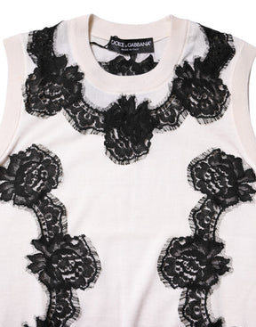 Dolce & Gabbana Weißes Kaschmir-Tanktop mit floraler Spitze