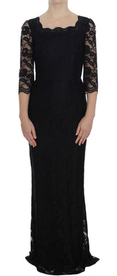 Dolce & Gabbana Schwarzes geblümtes langes Ball-Maxikleid aus Spitze