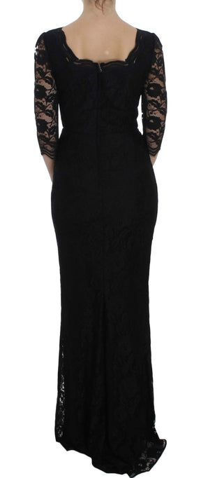 Dolce & Gabbana Schwarzes geblümtes langes Ball-Maxikleid aus Spitze