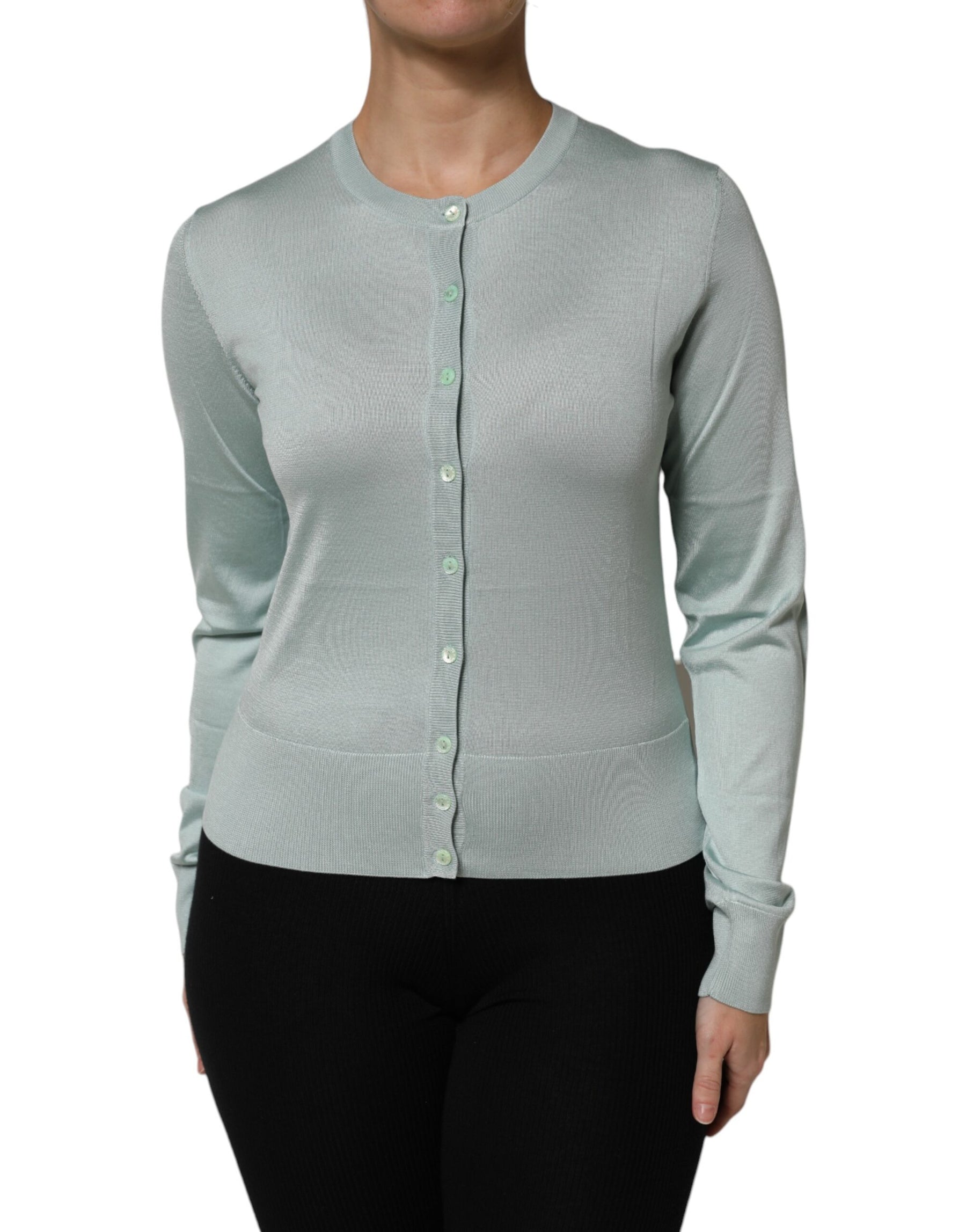 Dolce & Gabbana Hellgrüne Strickjacke aus Seide mit Knopfleiste