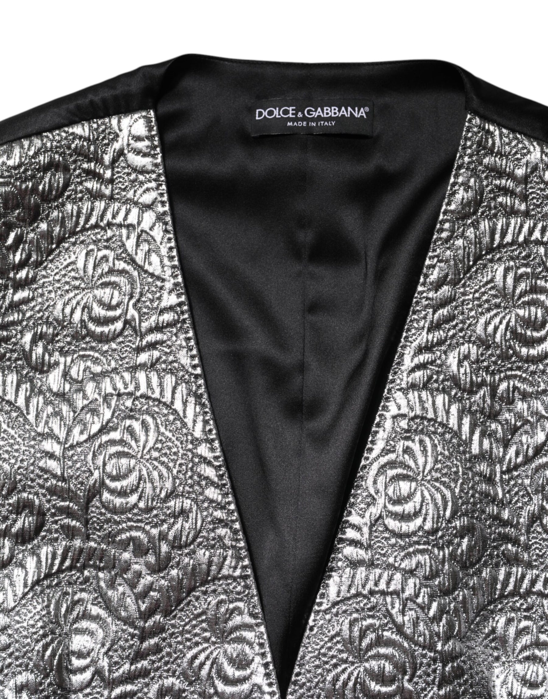 Dolce & Gabbana Silbernes ärmelloses Jacquard-Westenoberteil mit Blumenmuster