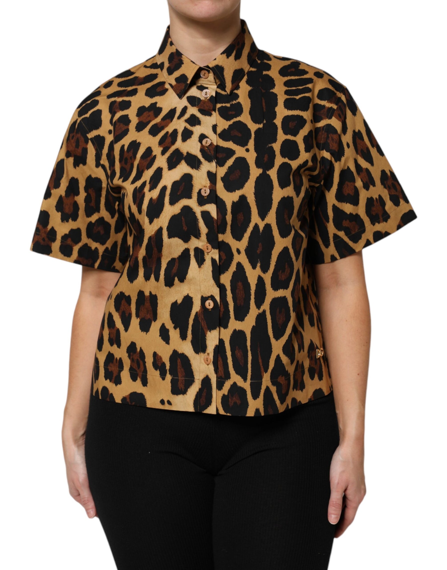 Dolce & Gabbana Braunes Leopard Kurzarm-Poloshirt mit Kragen