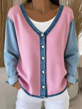 Winter Damen V-Neck Denim Cardigan rosa – warm & stylisch