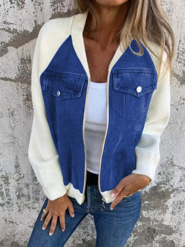 Winter Damen Denim Patchwork Jacke warm casual Zipper