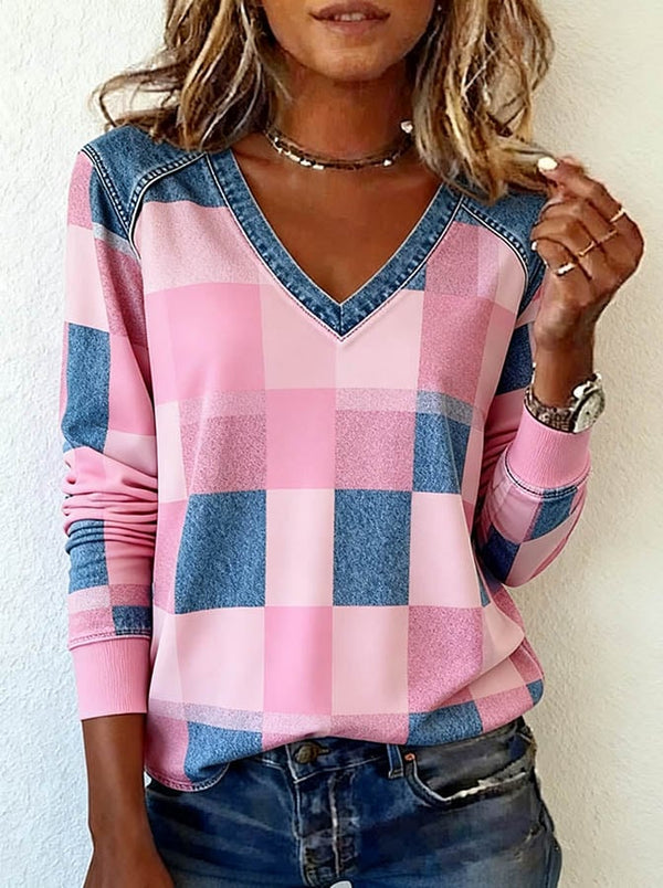 Winter V-Neck Sweatshirt rosa-blau kariert, kuschelig warm