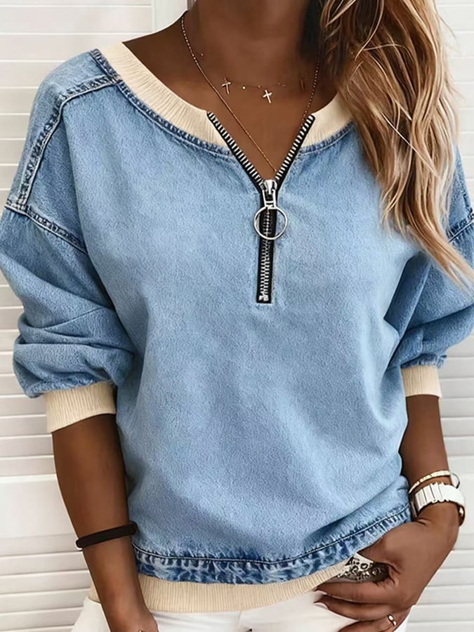 Winter Damen Half-Zip Denim Sweatshirt warm & stylisch