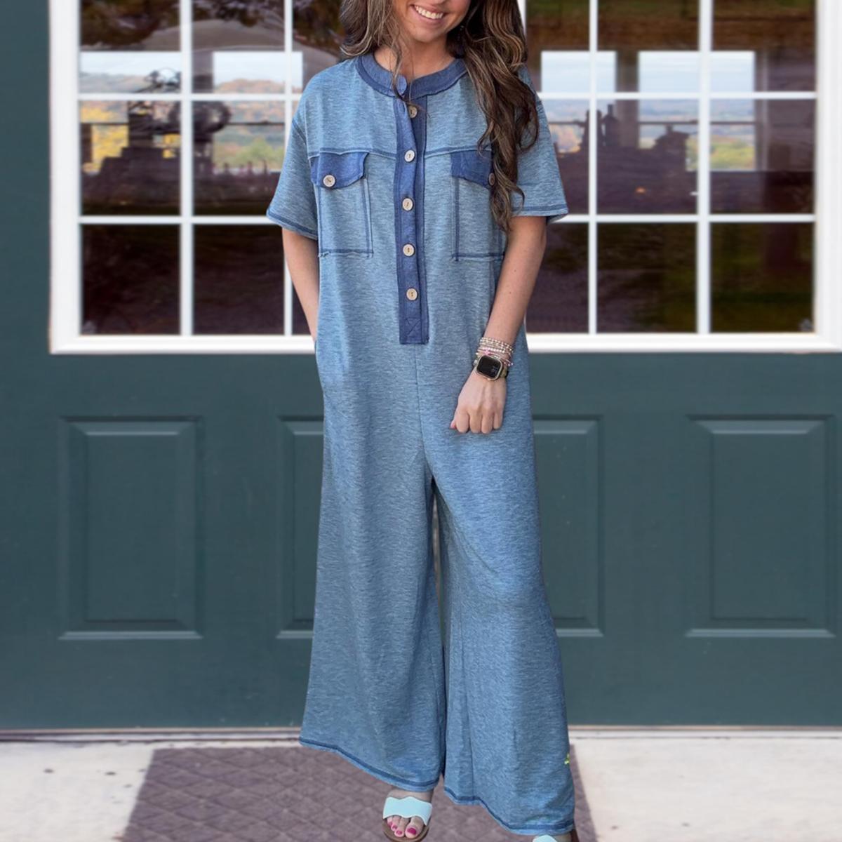 Herbstshafter Blue Color Block Jumpsuit - Stil trifft auf Qualität und Komfort