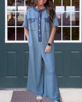 Herbstshafter Blue Color Block Jumpsuit - Stil trifft auf Qualität und Komfort