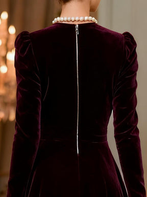 Elegant Velvet Plain Midi Dress With Puffed Sleeves