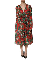 Dolce & Gabbana Multicolor Floral Langärmeliges Kleid mit V-Ausschnitt
