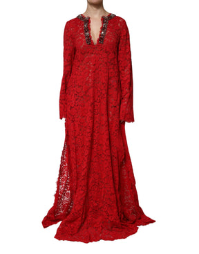Dolce & Gabbana Rotes Kleid mit floraler Spitze und Strassverzierung
