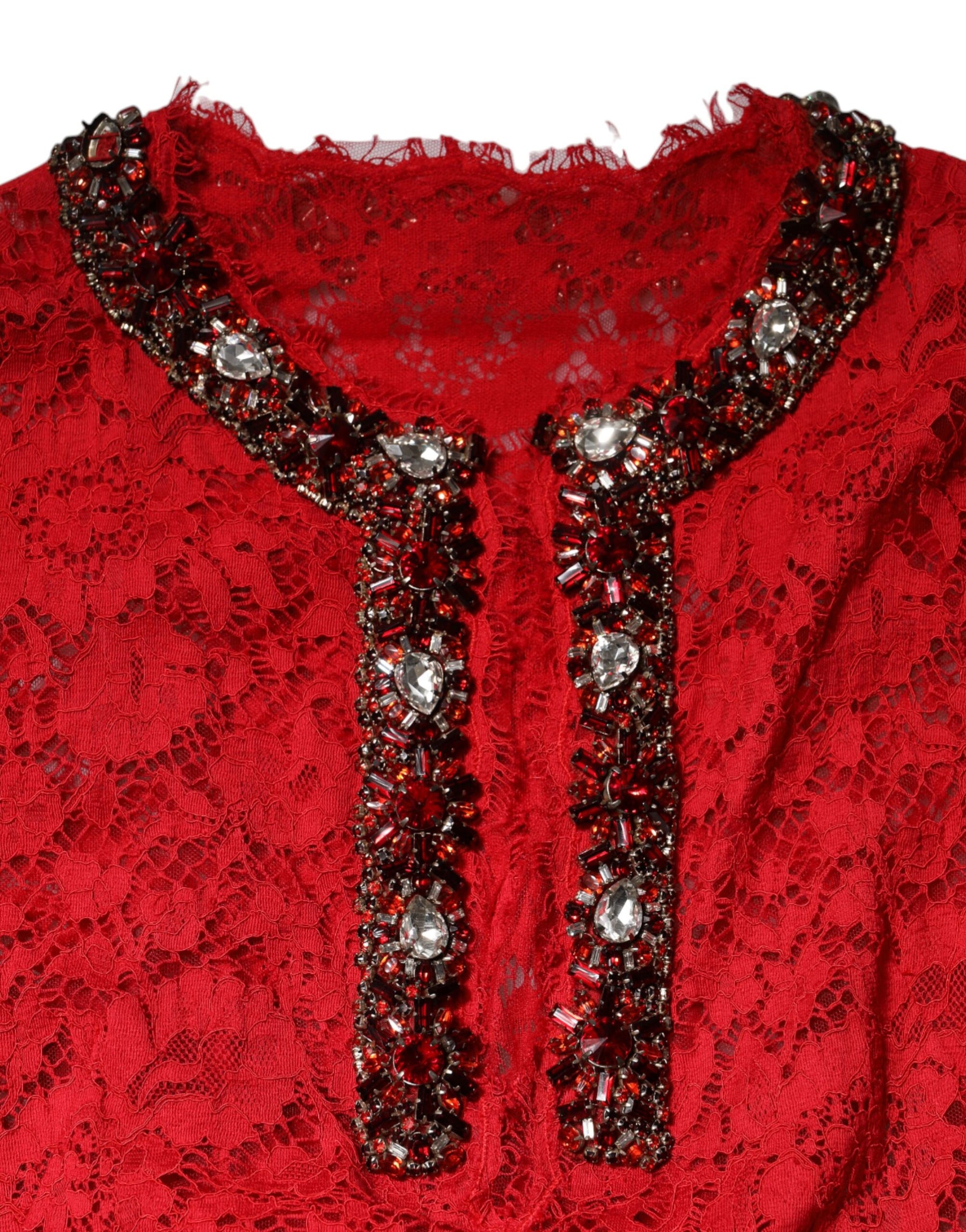 Dolce & Gabbana Rotes Kleid mit floraler Spitze und Strassverzierung