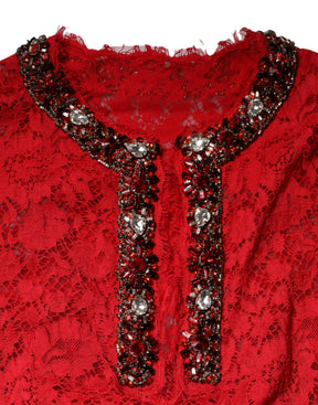 Dolce & Gabbana Rotes Kleid mit floraler Spitze und Strassverzierung