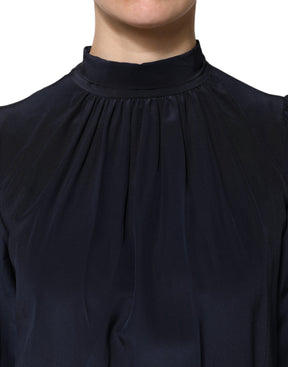 Dolce & Gabbana Blaues Seidenblusentop mit langem Ausschnitt und langen Ärmeln