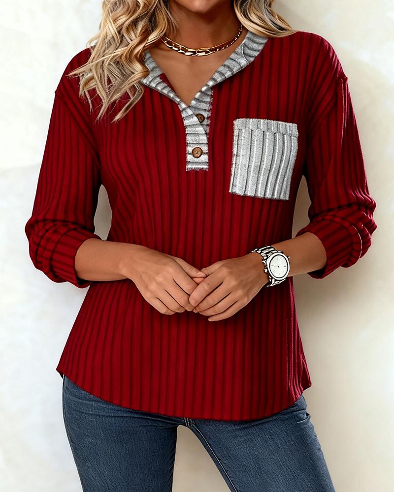 Winter Longsleeve Rot Grau V-Neck Ripp Shirt Damen Warm