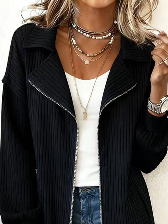 Herbst-Highlight: Klassischer Schwarzer Rippen-Cardigan mit Frontreißverschluss