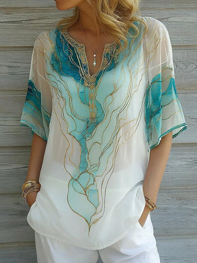 Winter V-Neck Bluse Blau-Gold – Elegantes Damen Top